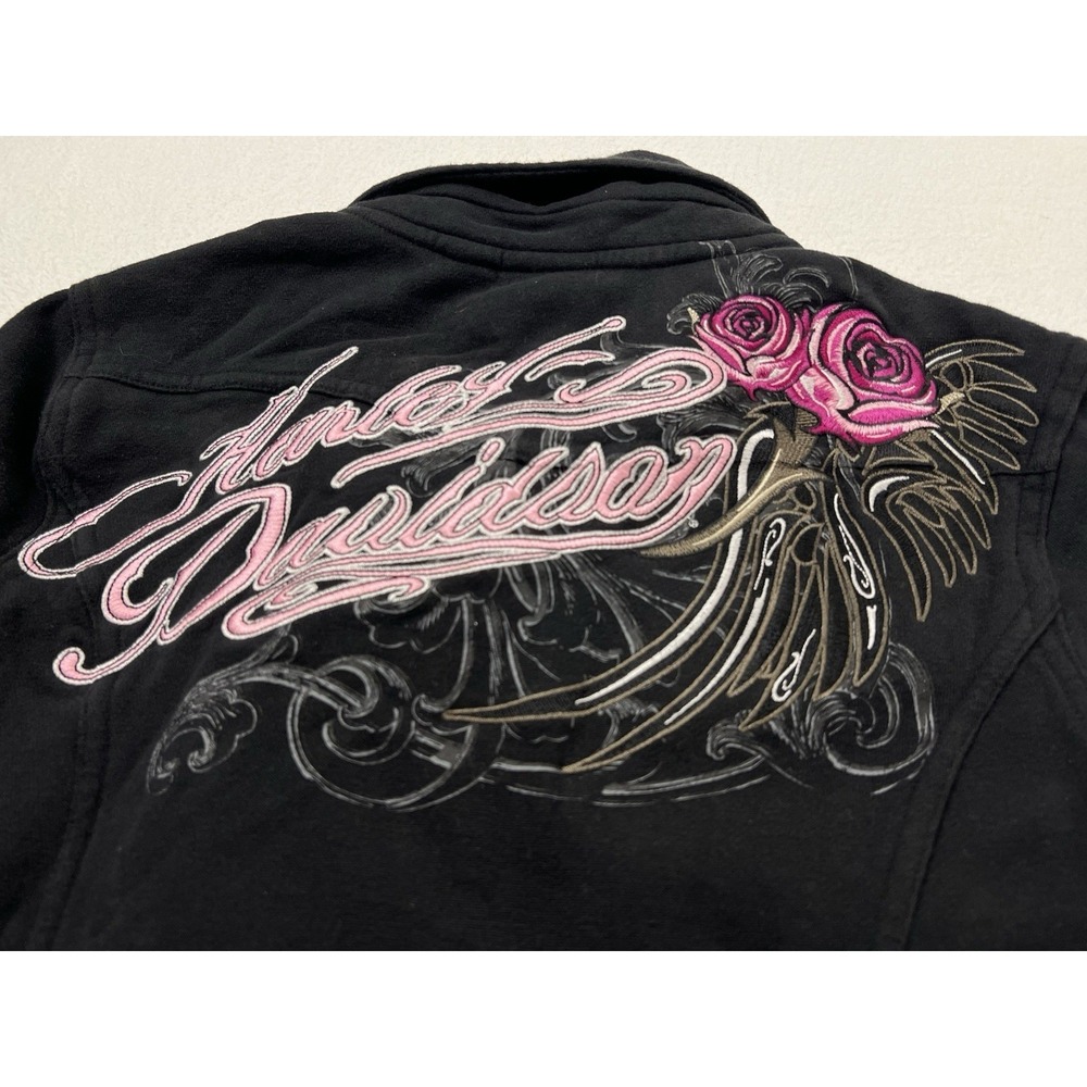 Harley Davidson Jacket Women Large Black Snap Embroidered Roses Rock Vintage Y2K - Picture 9 of 11